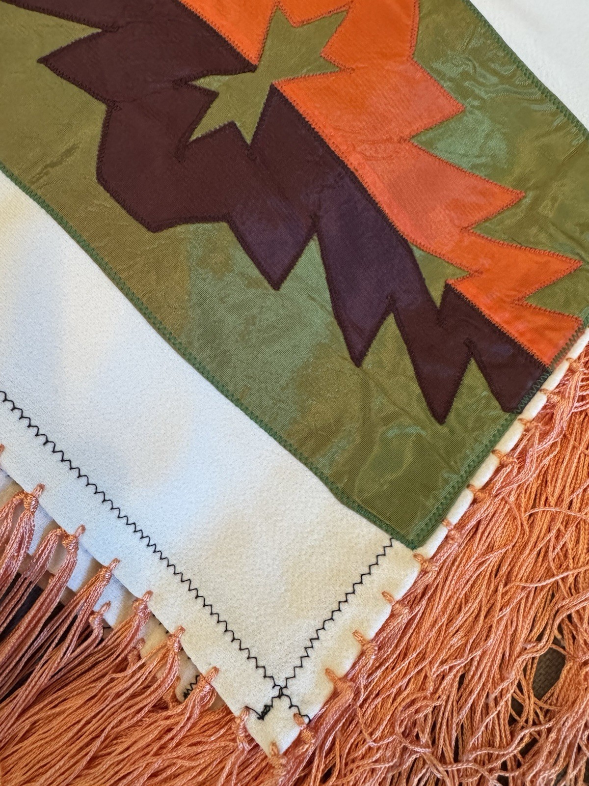 Native American Dance Shawl Knotted Fringe Orange,Brown,Green Ribbon 60x61