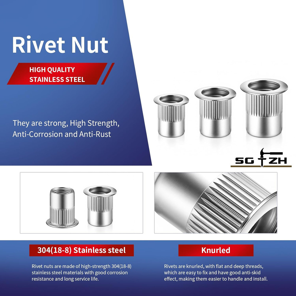 75Pcs Rivet Nut M8 Stainless Steel 304 Flat Head Rivnut Threaded Insert Nutsert