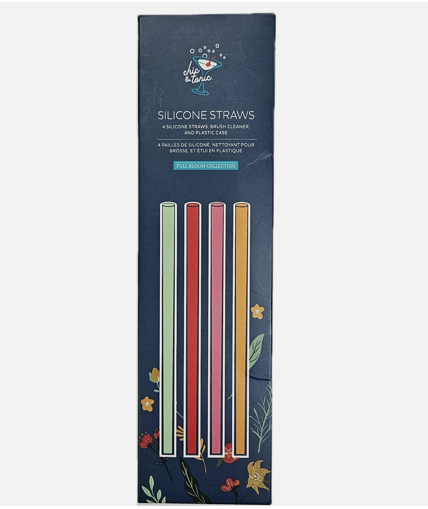Chic & Tonic Silicone Drinking Straws 4pc Set Full Bloom Multicolor Case Brush