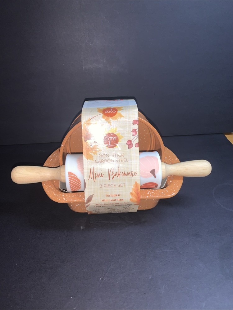 3 Pc Mini Bakeware Set Fall Loaf, Spring Form Tractor, Leaf, Pumpkin Rolling Pin