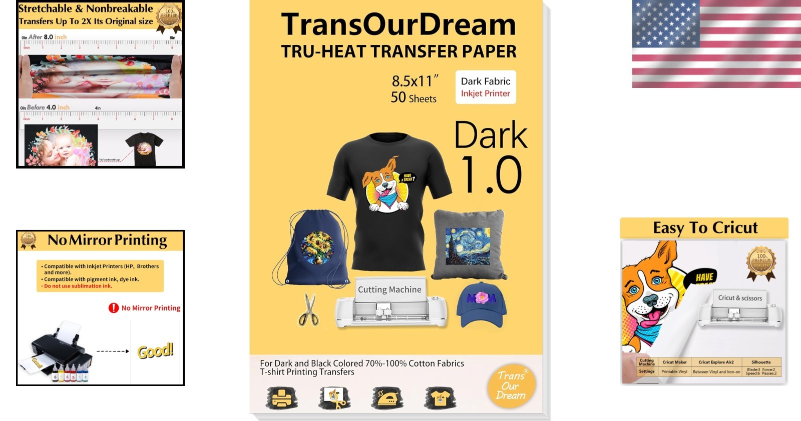 Vibrant & Durable Heat Transfer Paper 50 Sheets for Dark Cotton Fabrics - 8.5x11