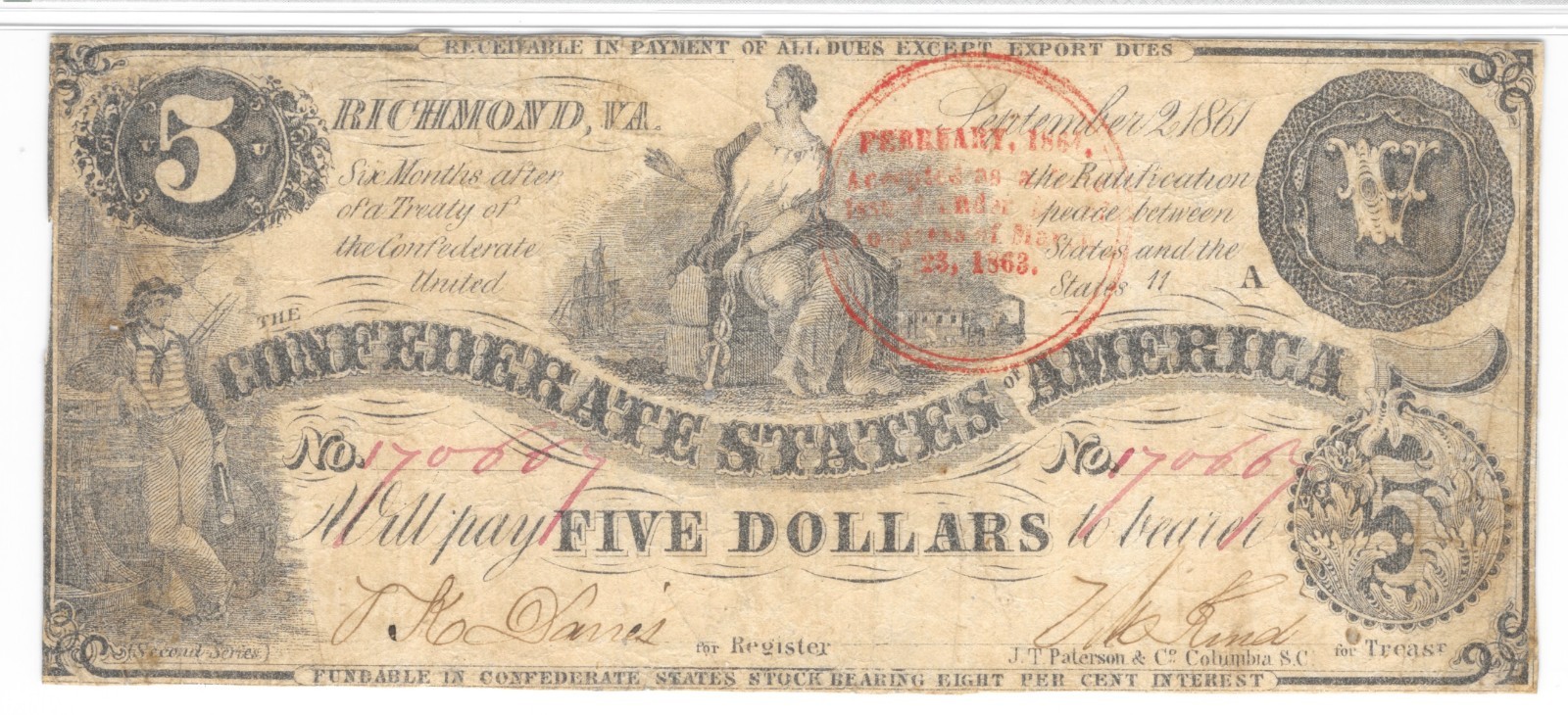 Rare T-36 $5 1861 w/ Red Trans-Mississippi Stamp Confederate PF-4 PMG VF 20 Note