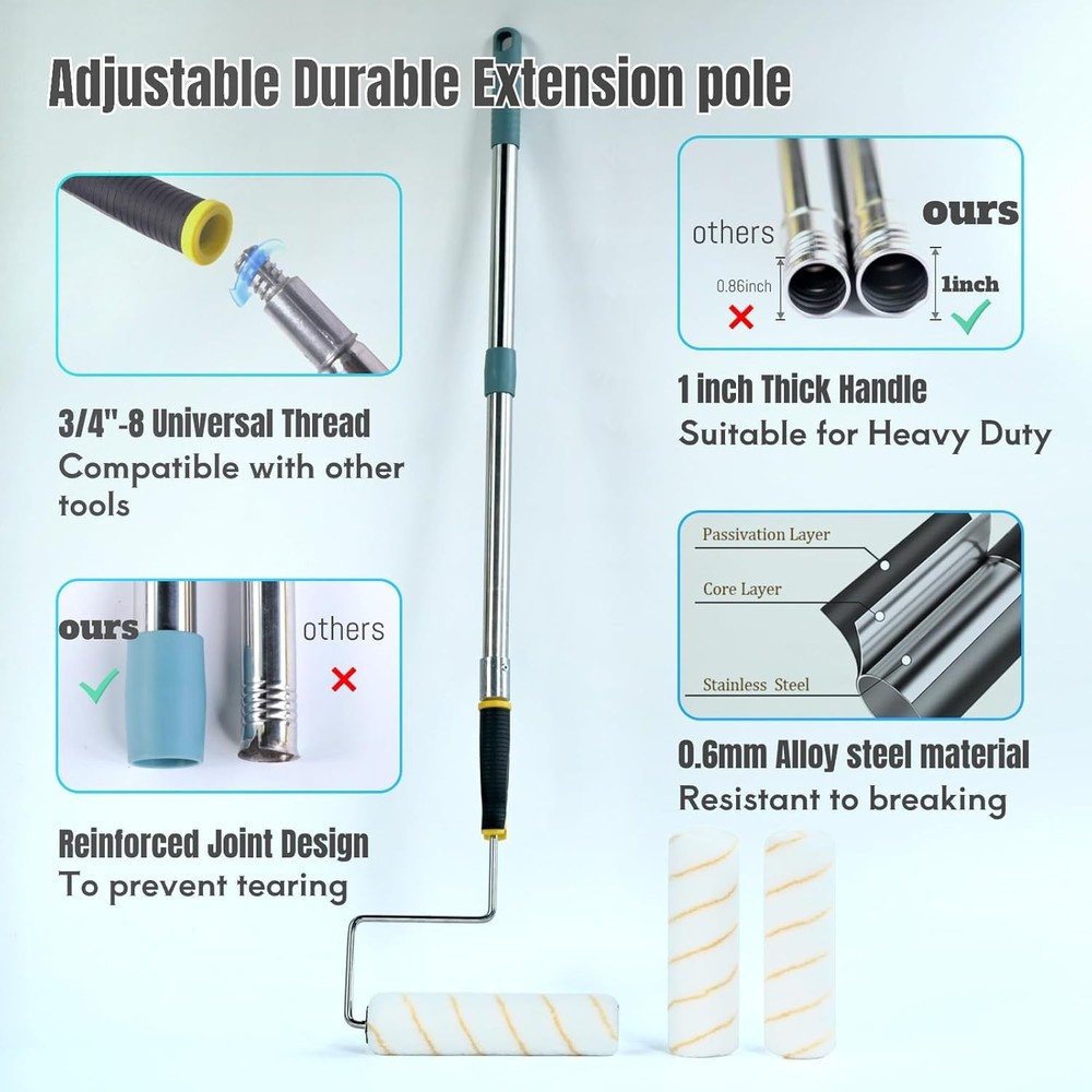 Paint Roller Kit - Set with 2" Paint Brush, Heavy-Duty 9" Paint Roller Frame, 48