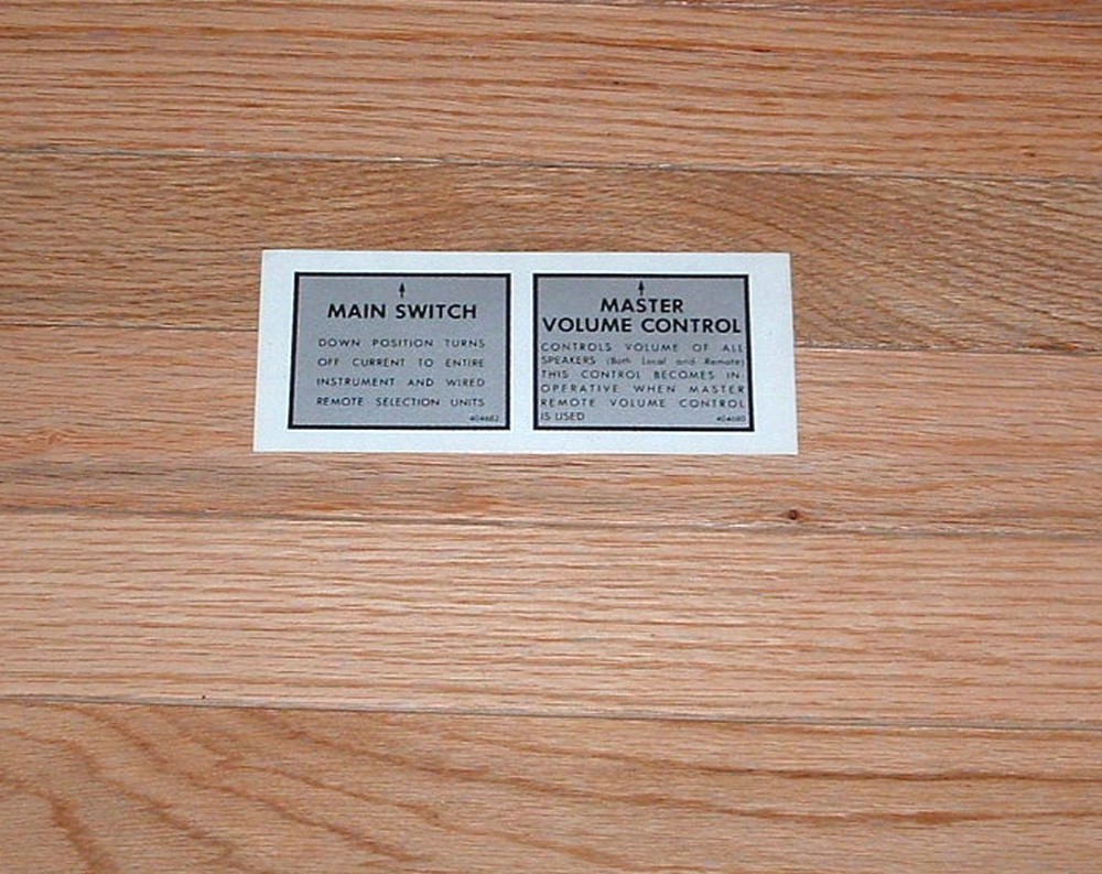 Seeburg  Main Switch and Master Volume Decals