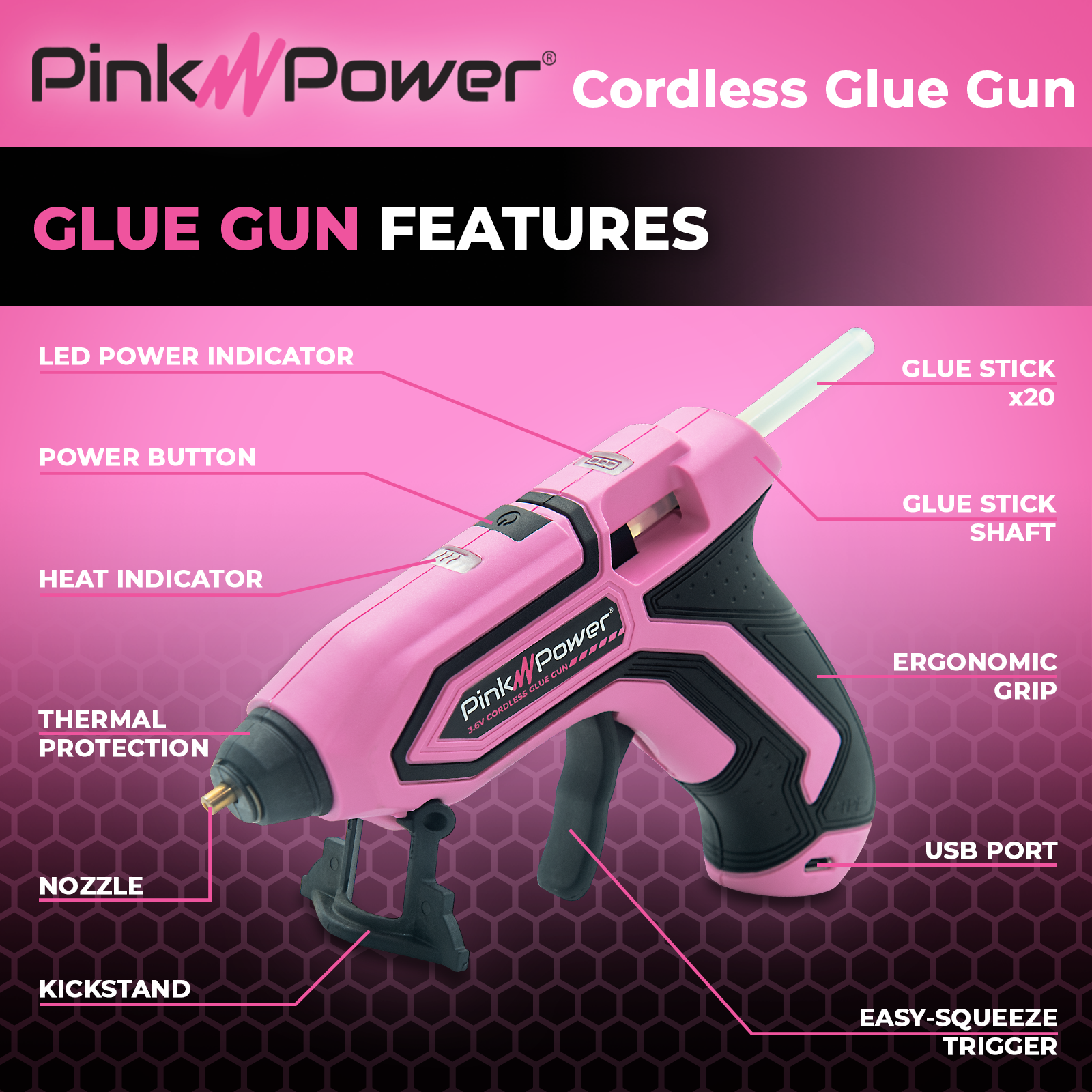 Pink Power Rechargeable Cordless Mini Hot Glue Gun Kit with 20 Glue Sticks
