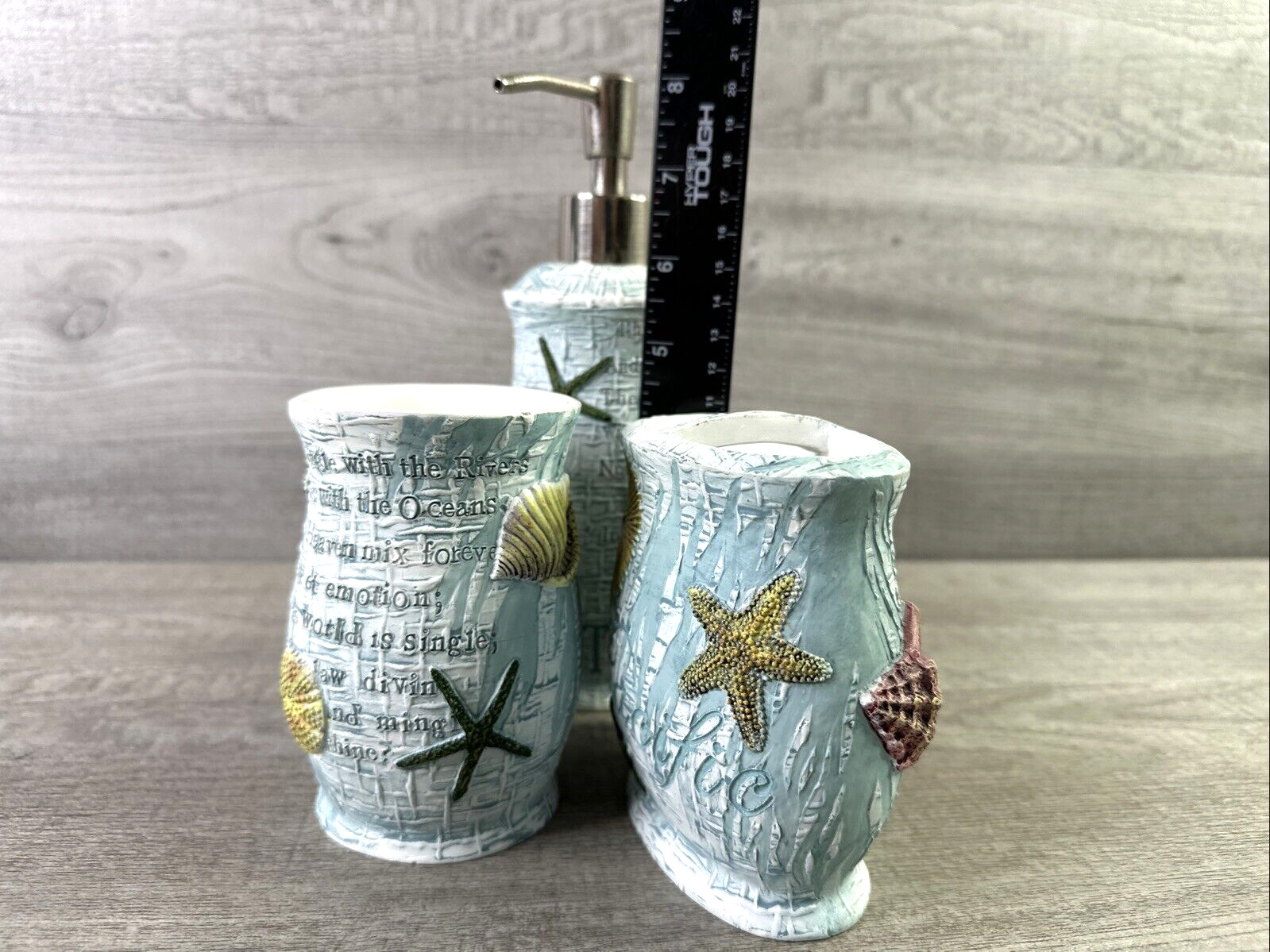 3 Piece Set Ocean Beach Theme Bathroom Soap Dispenser, Toothbrush Holder & Cup