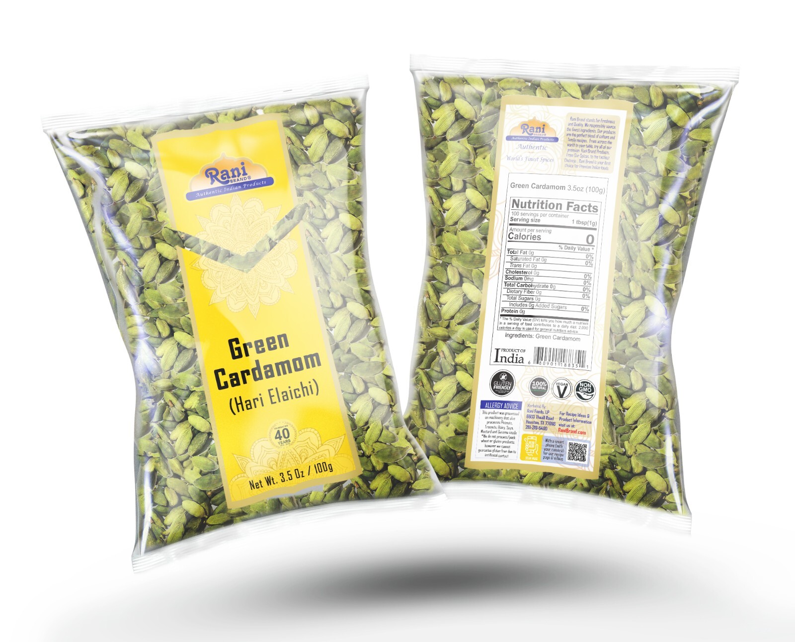 Rani Green Cardamom Pods Spice (Hari Elachi) 3.5oz (100g)