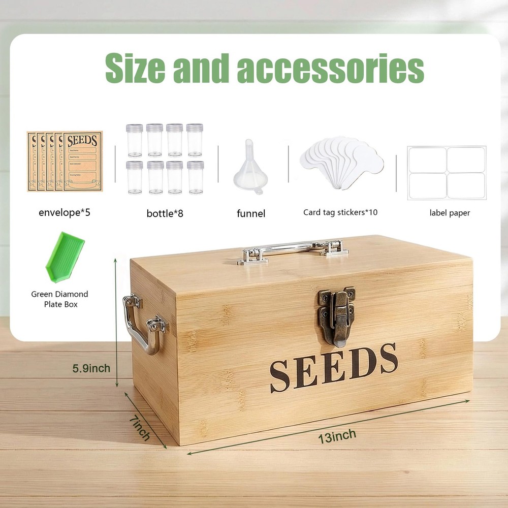 Seed Storage Organizer Box, Double-Layer Seal Design Bamboo Seed Saving Box w...