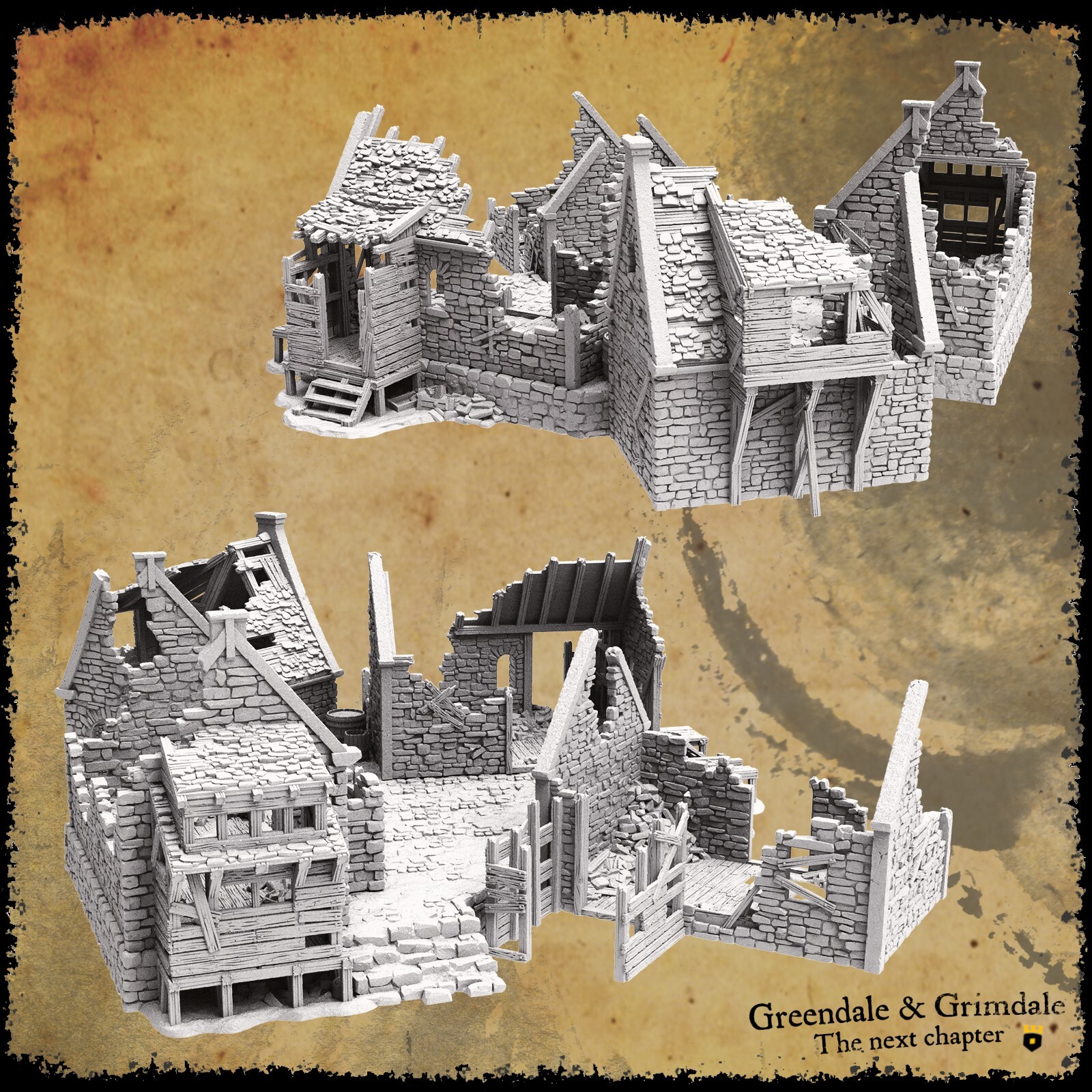 Grimdale Slums with Courtyard 28mm Ruined Village Terrain D&D Warhammer Mordheim
