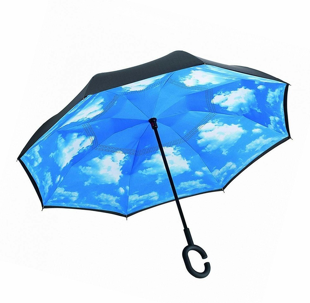 C-Handle Inverted Reverse Umbrella, Flower print (Inside-out, Upside-down)