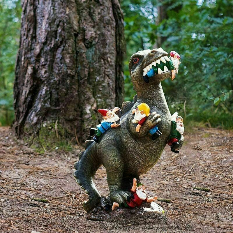 DINOSAUR EATING GNOMES STATUE - 2 Sizes - Hand Painted
