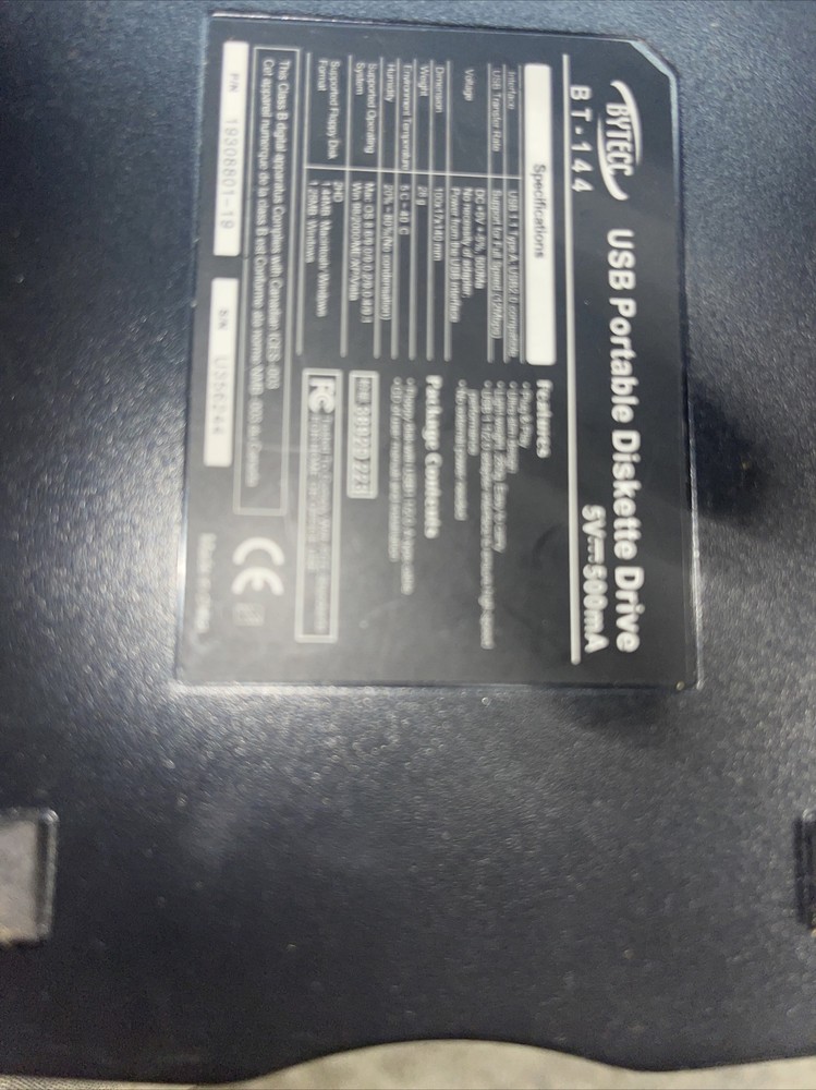 Bytecc USB Portable Diskette External Floppy Drive BT-144 Works Good