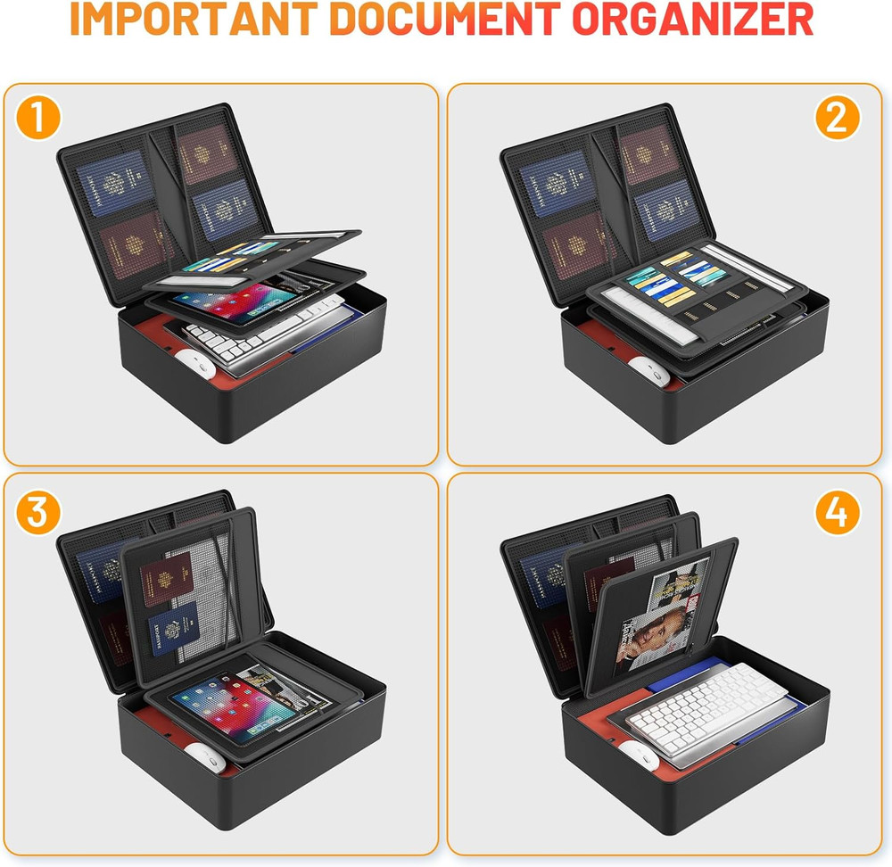 Fireproof Document Box with Lock, Hard Case Files Safe Organizer, 8-Layer Firepr