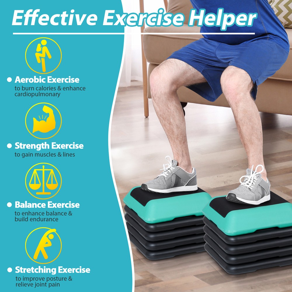 16'' Adjustable Aerobics Step Exercise Platform w/ Risers 4''-6''-8''-10''-12''