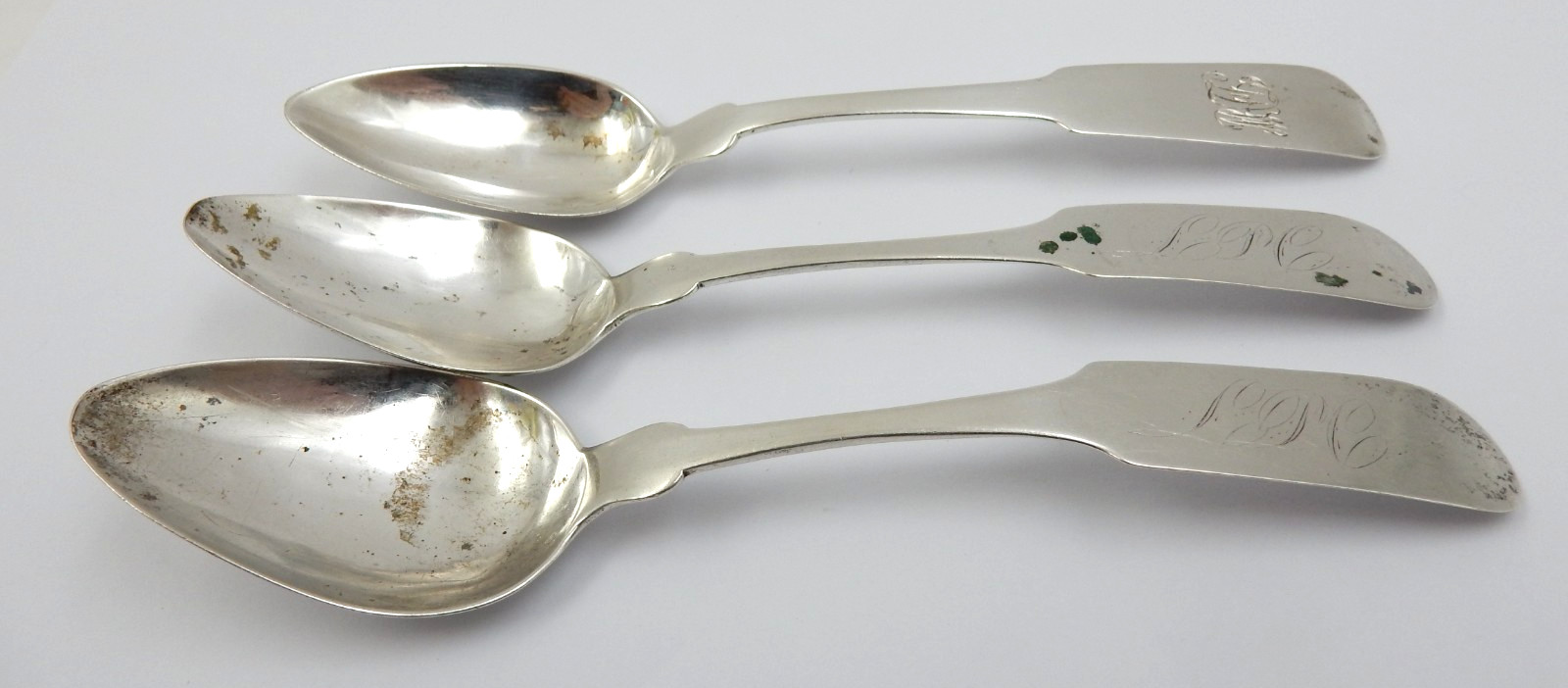 ANTIQUE SET OF THREE .900 COIN SILVER TEASPOONS W/MONO - 44.4 GRAMS TOTAL SCRAP
