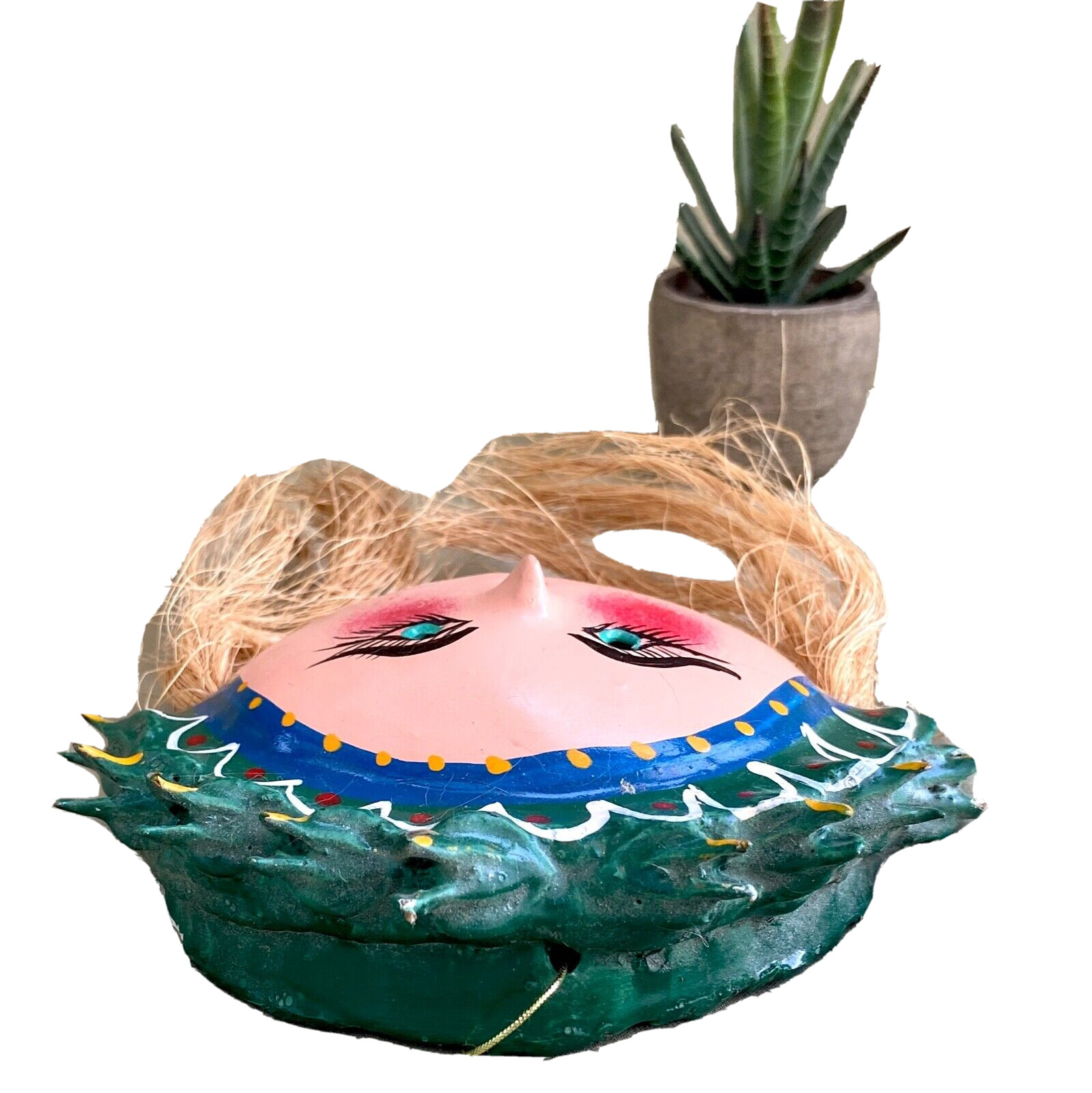 Vintage Hand Painted Folk Art Coconut Shell & Seed Pod Mask, Mexico