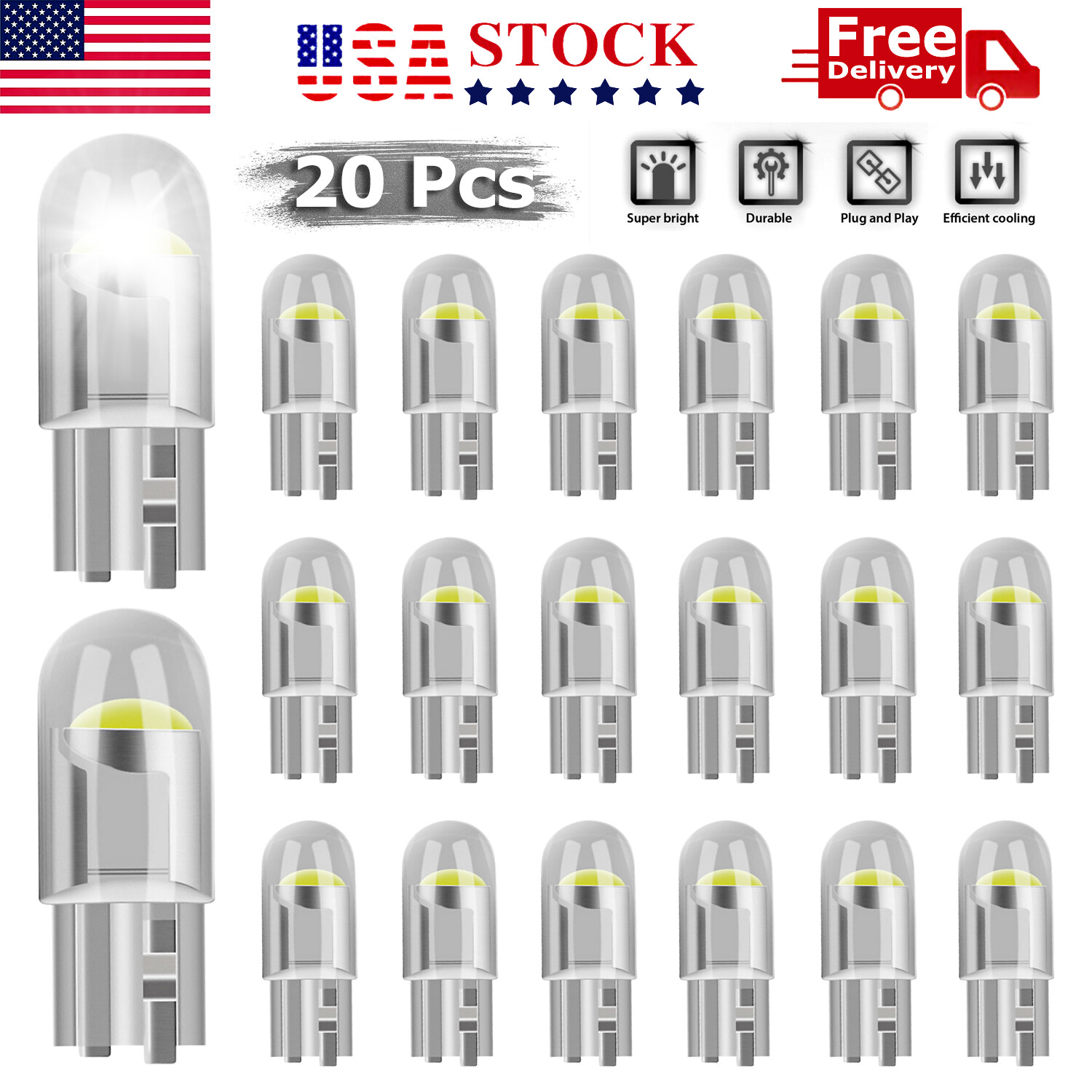 20X T10 194 168 W5W 2825 COB LED License Plate Interior Light Bulbs 6000K White