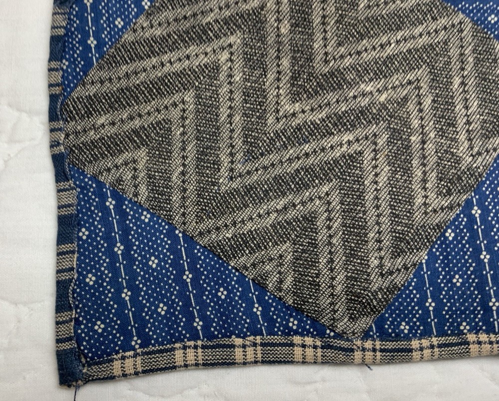 Antique Patchwork Quilt Table Topper, Early Calicos, Blue, Black, Triangles