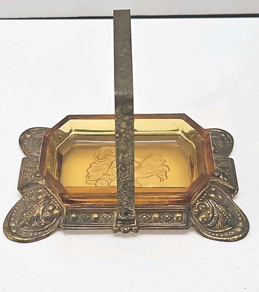 Antique Czech Amber Glass Salt Cellar Intaglio Design Ornate Brass Holder RARE
