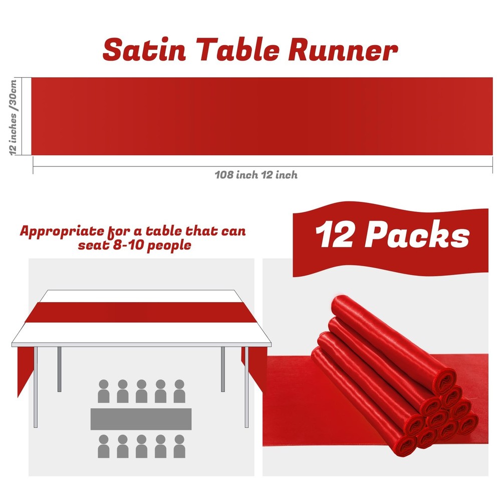 12 PCS Red 12x108 Inch Rectangular Smooth Satin Silk Table Runners Wedding