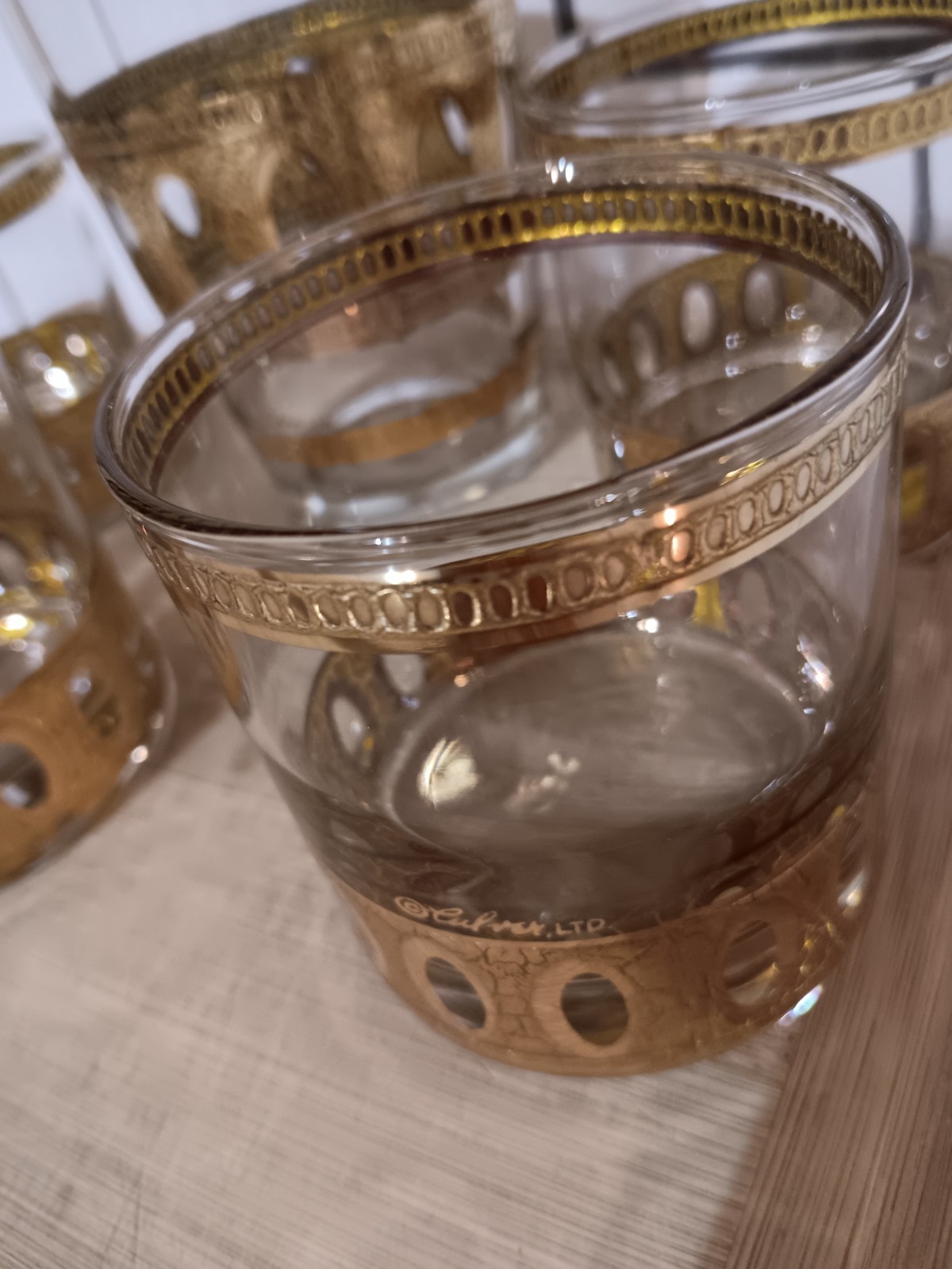 Vtg MCM 60s Culver Antigua Cocktail Shaker Low Ball 5 Pc Barware Set 22k Gold