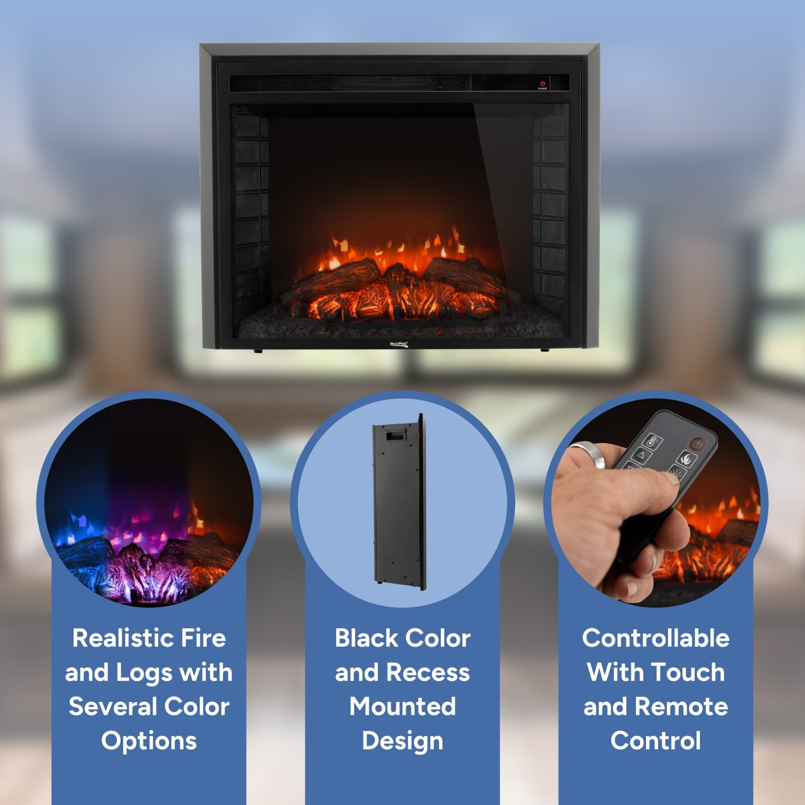 RecPro RV 26" Electric Fireplace | 3 Flame Colors | Flat Glass | 1500W