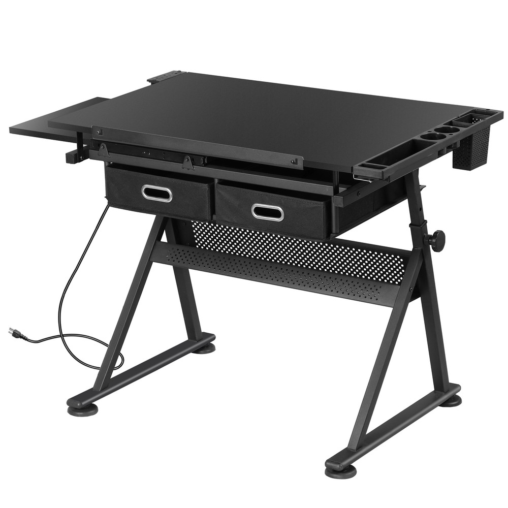 Adjustable Drafting Drawing Tiltable Table & Stool w/ 2 Drawers & Outlet Black