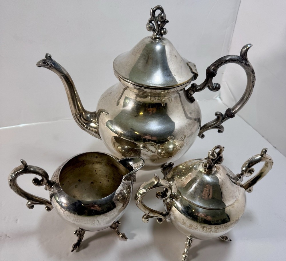 VTG Coffee Tea Set Birmingham Silver Co. Silver Plate On Copper 3pc Ornate 50’s