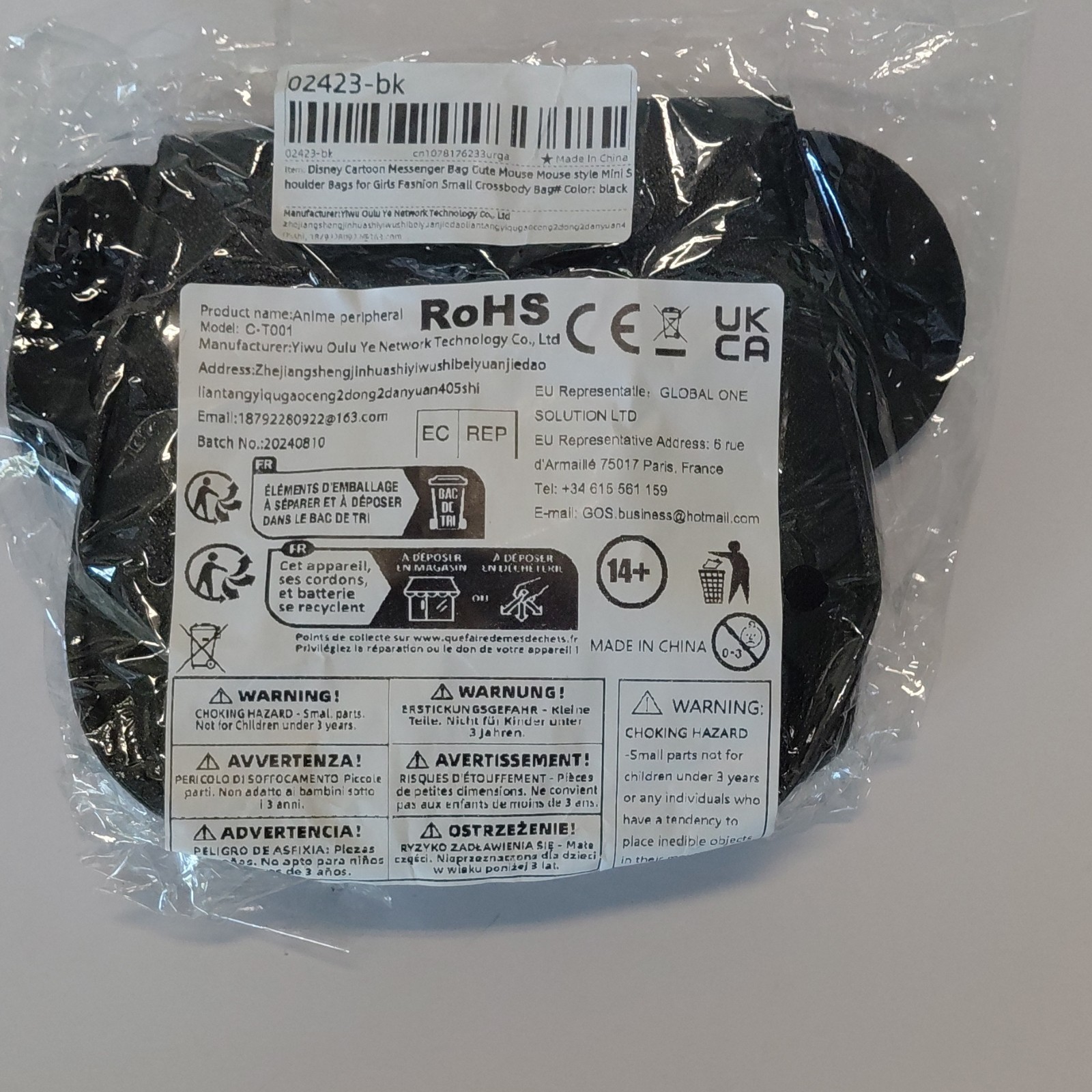 Disney Minnie Mouse Small Black Crossbody Bag with Red Bow (02423-bk)