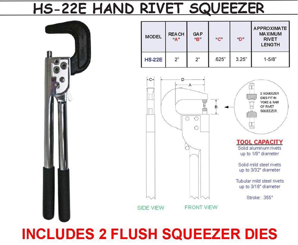 Hand Rivet Squeezer for Solid & Tubular Rivets, 2" , & 2" Gap. Will Set Rivet...