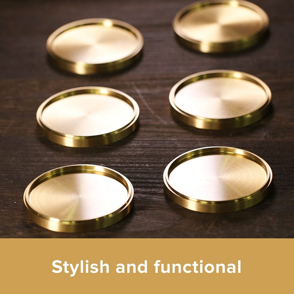 Heavy Brass Coasters for Drinks (6-Pack) - Solid Bronze Gold Coasters - Class...