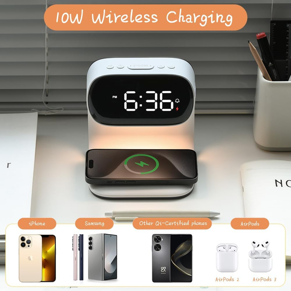 Alarm Clock with Wireless Charging,Dimmable Night Light,Snooze Function,10W Fast