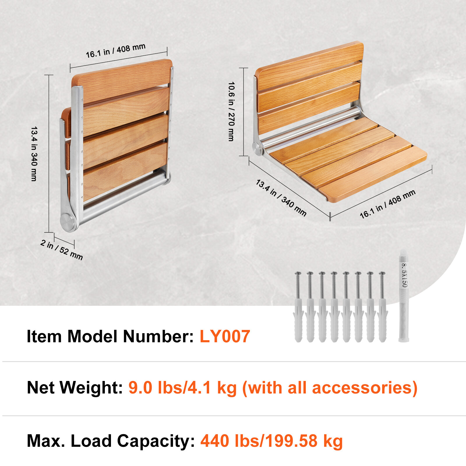 VEVOR 16" Folding Oak Shower Seat Wall Mounted Shower Bench 440lbs Rust-proof