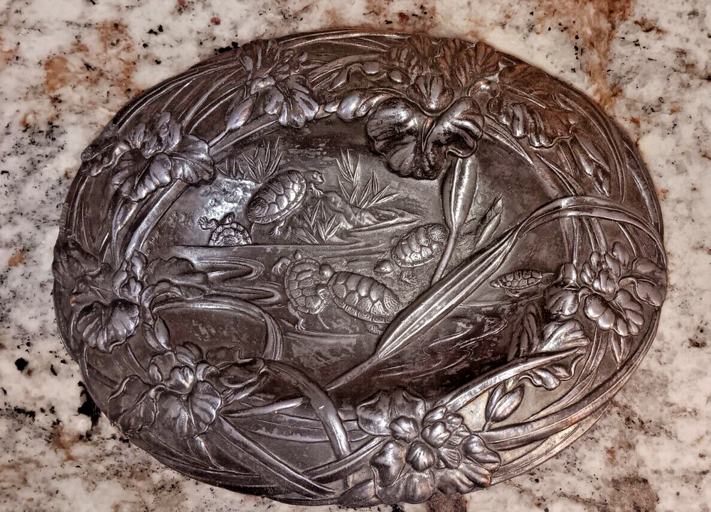 Victorian Silver Over Copper Small Oval Trurtle Design Trinket Dish