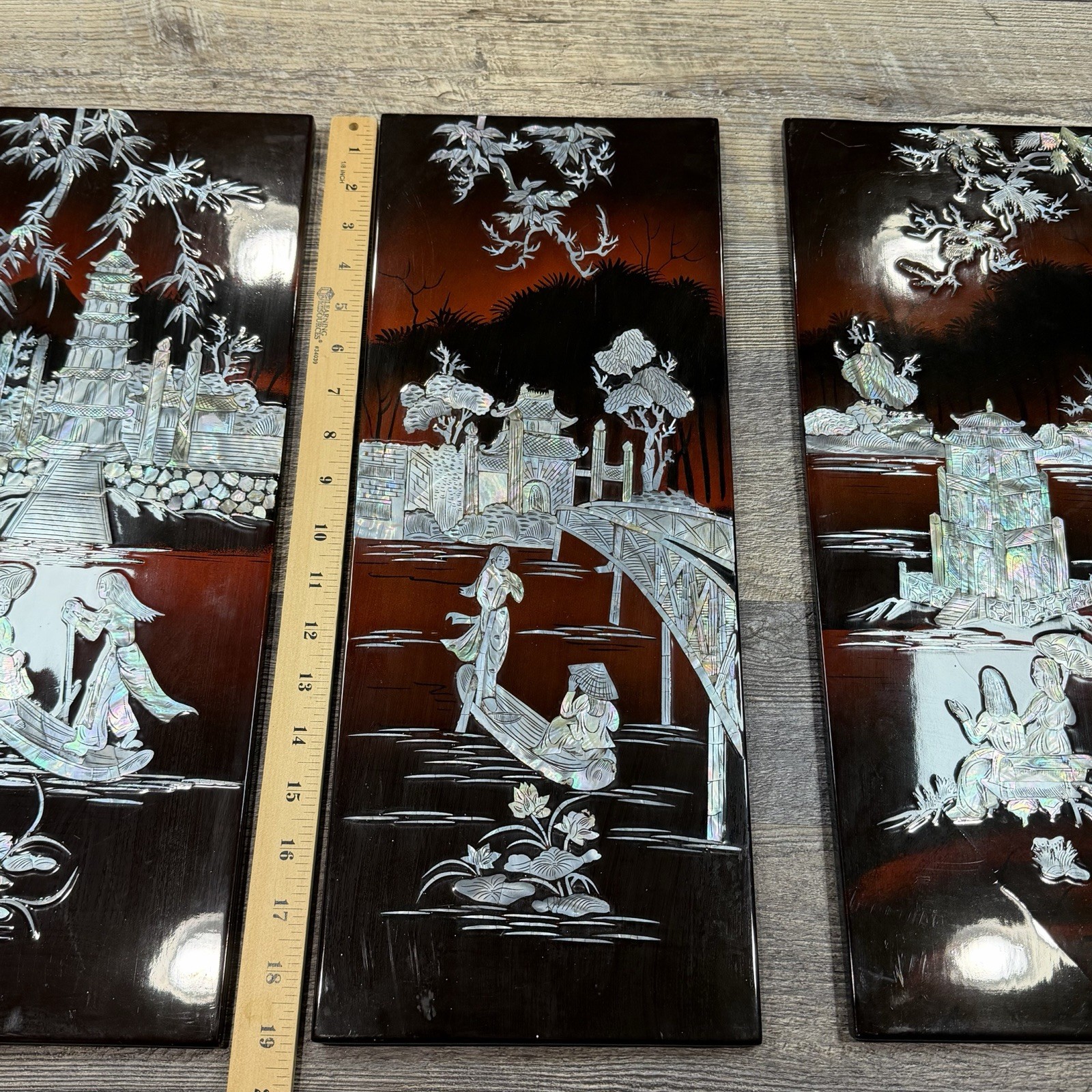 3 Vintage Asian Mother of Pearl Inlay Red Lacquer Wall Panels Village Landscape