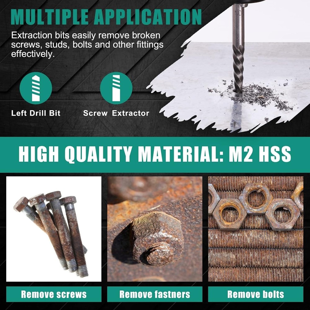 Durable Screw Extractor and Left Hand Drill Bit Set - 10-Piece HSS M2 Quality
