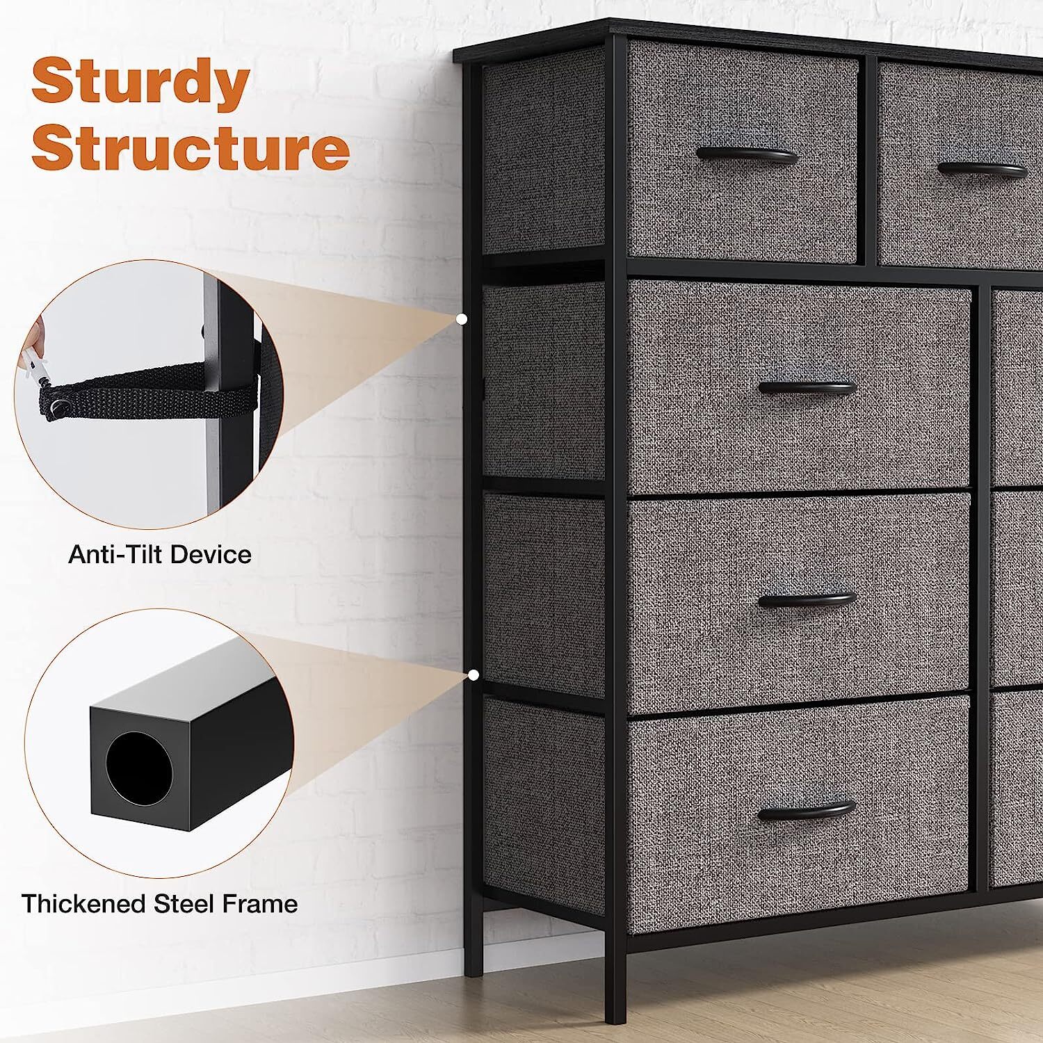 9 Storage Drawer Dresser for Bedroom Tall Wood Dresser with Fabric Storage Tower