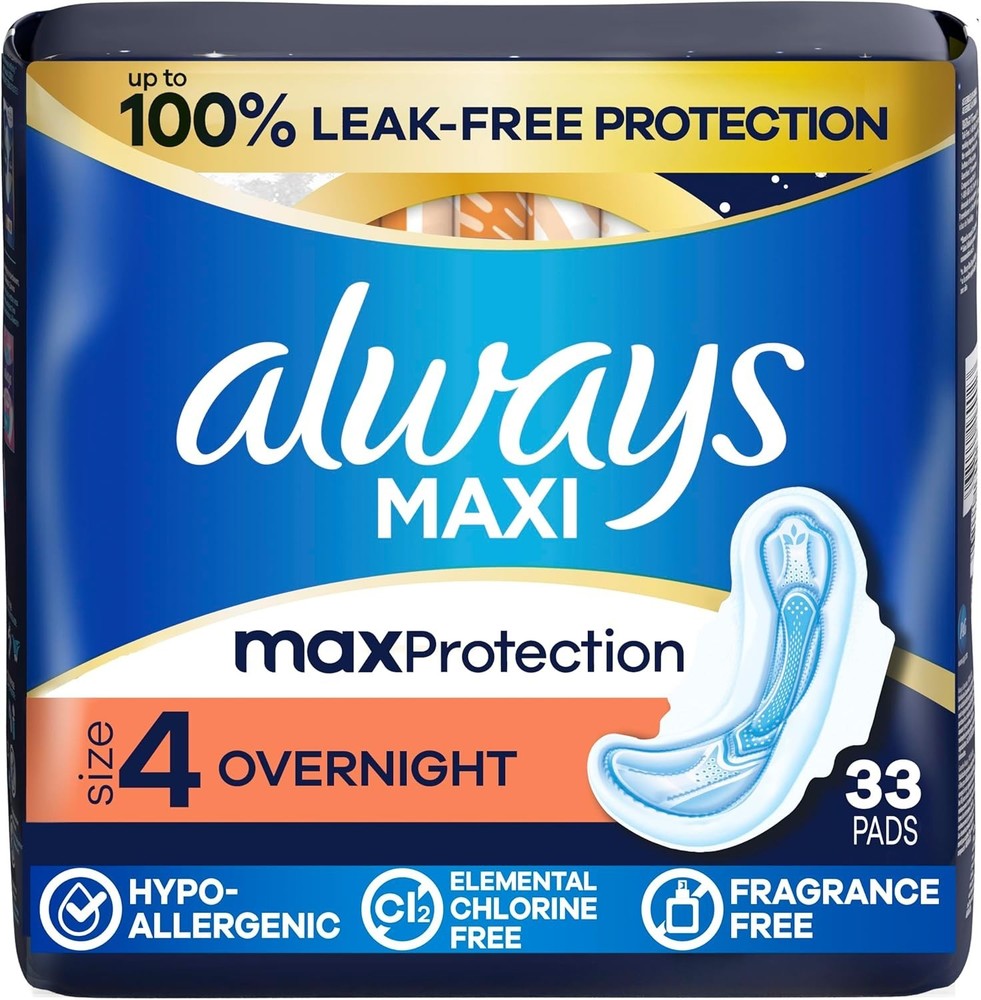 Always Maxi Pads Size 4 Overnight Absorbency Unscented 33 Count