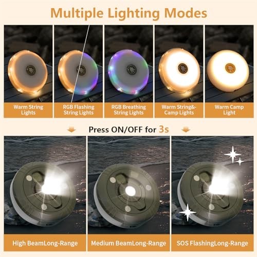 Camping Lights String,Outdoor String Lights with 5 Lighting 32.8ft-2Pack