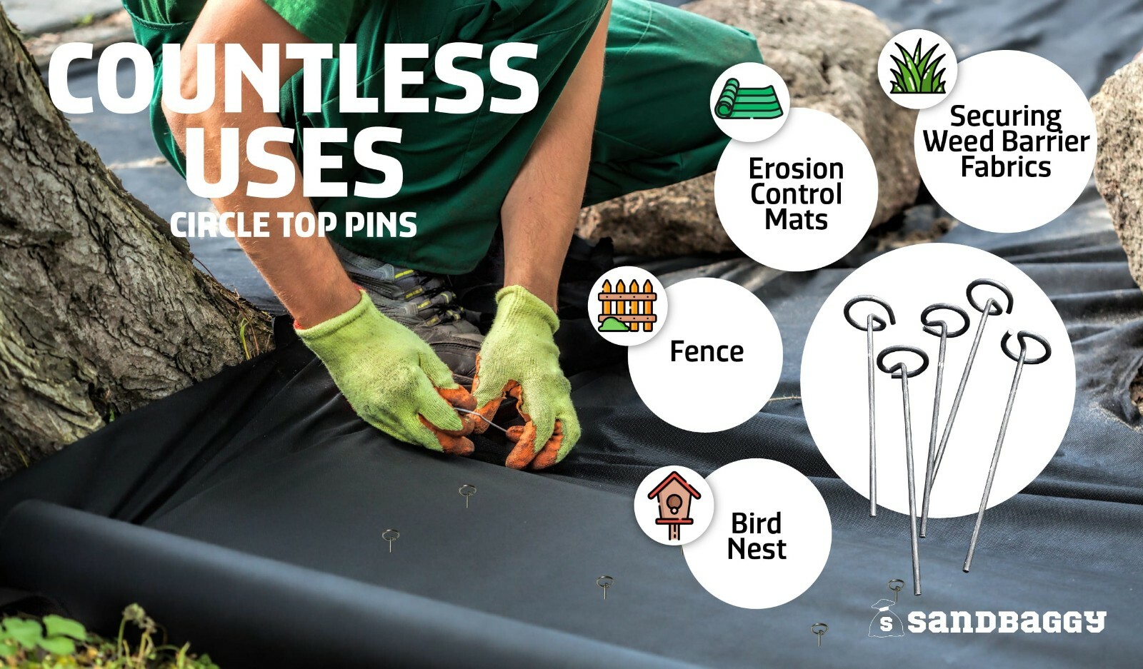 Circle Top Pins 500 Pack 6 Inch ~Landscape Staples SOD Garden Stakes - Sandbaggy