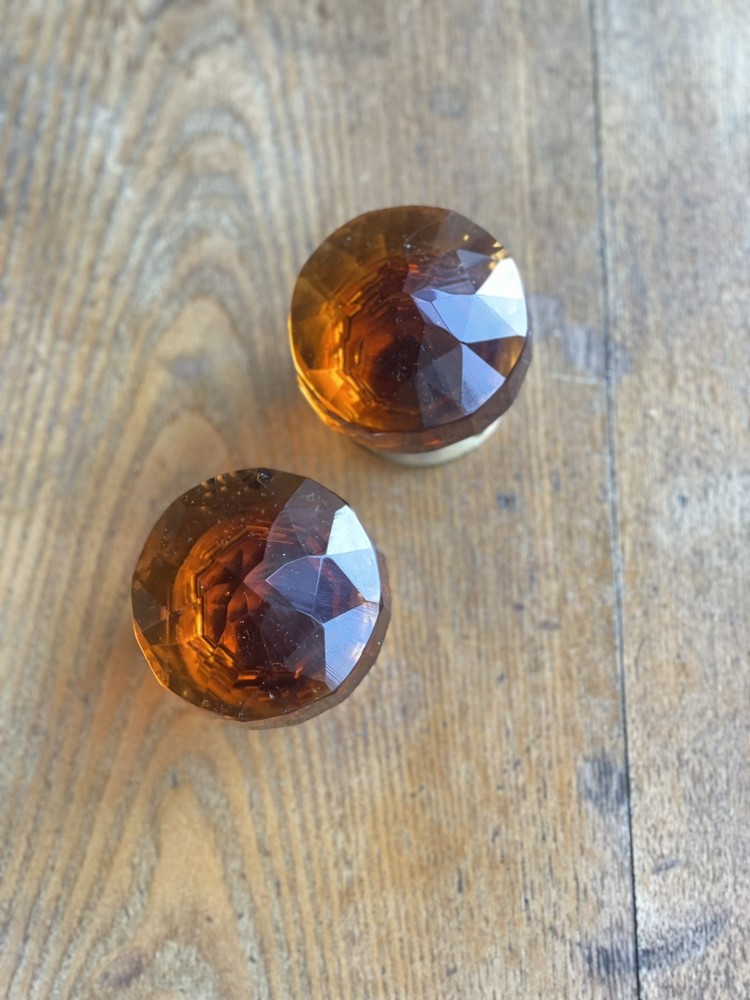 2 x Brass And Amber Glass Door Knobs, Handles Pair