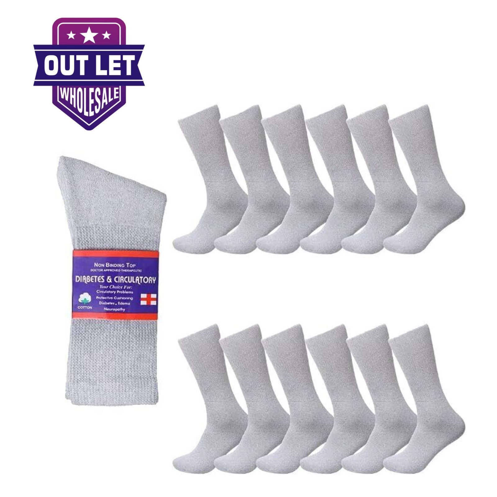 6-12 Pairs Health Circulatory Cotton Crew Diabetic Socks Size 9-11, 10-13, 13-15
