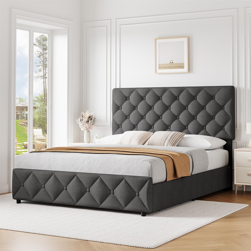 ⏯✅4 Storage Drawers and Headboard Queen Bed Frame Upholstered Platform Bed Frame