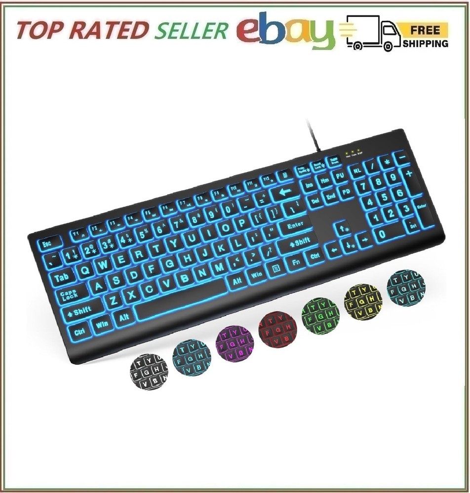 SABLUTE Large Print Backlit Keyboard, Wired USB Lighted Computer Keyboards wi...
