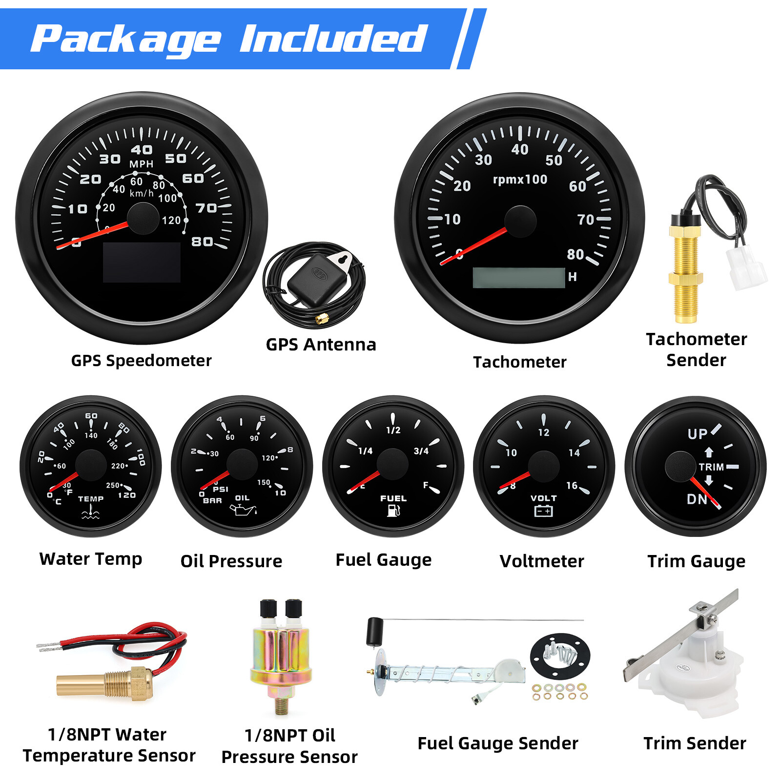 7 Gauge Set 85mm Boat GPS Speedometer 120km/h/80MPH Tachometer 8000RPM Gauge US