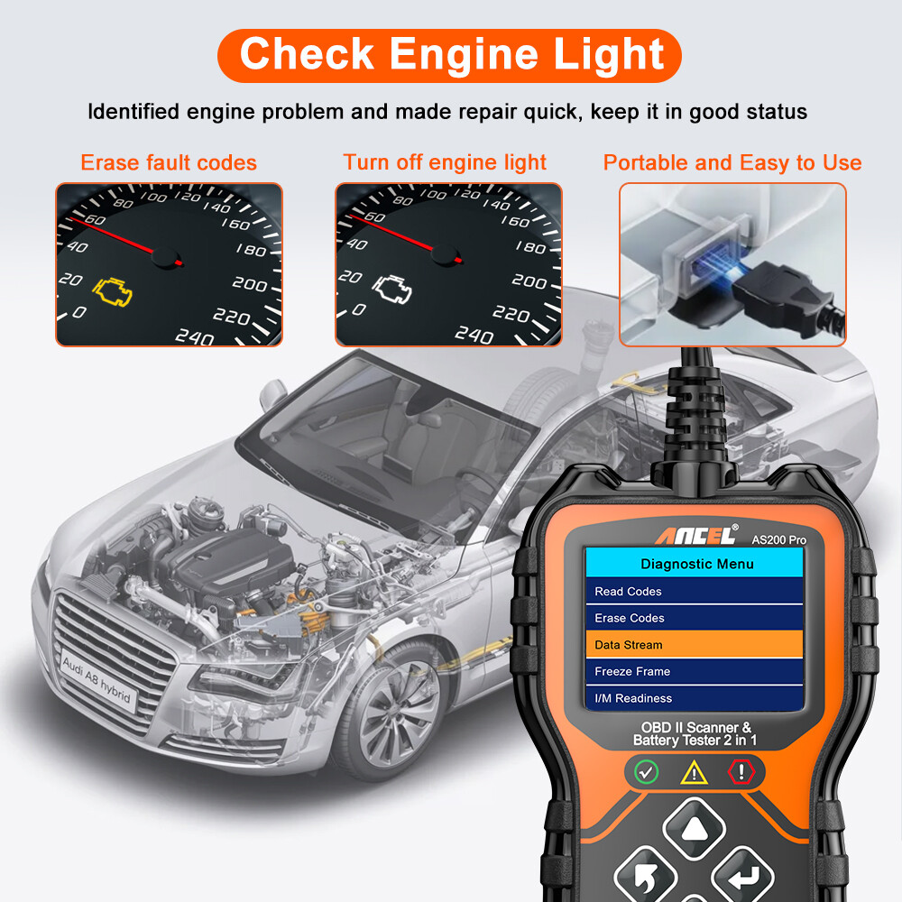 ANCEL AS200 Pro OBD2 Scanner Check Engine Code Reader Scan Tool 24V Battery Test