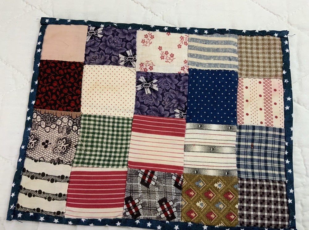 Antique Patchwork Quilt Table Topper, Rectangle, Four Patch, Early Calico Prints