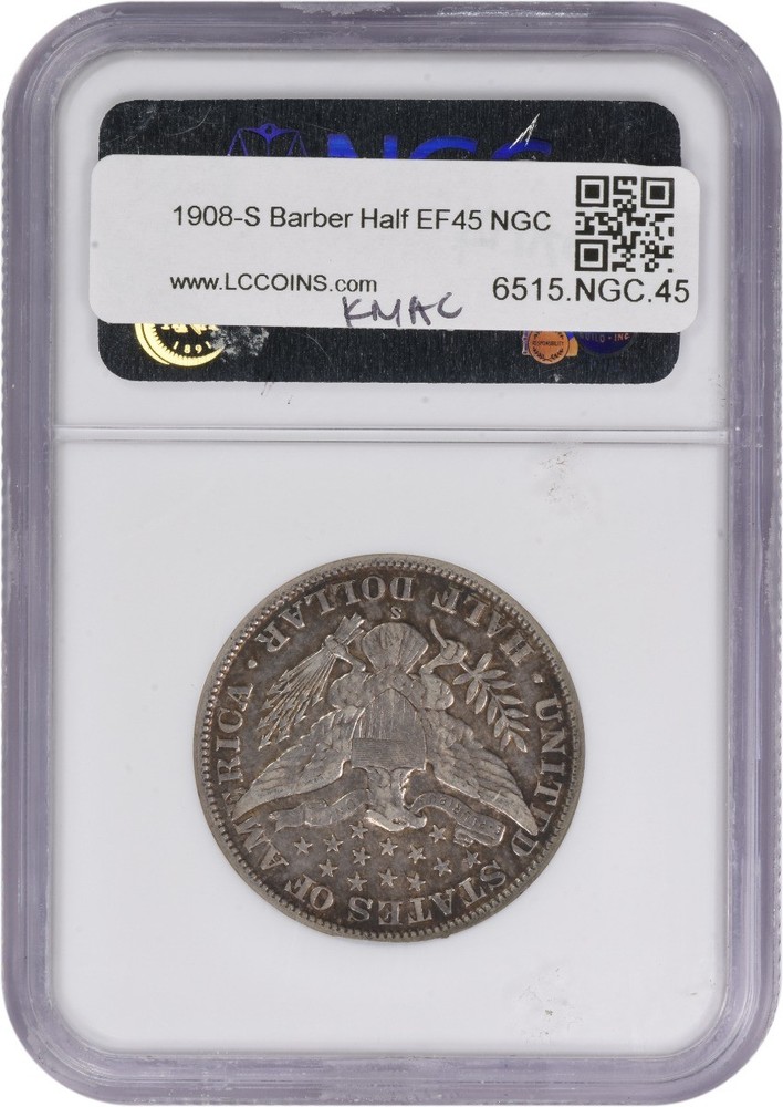 1908-S Barber Silver Half Dollar EF45 NGC