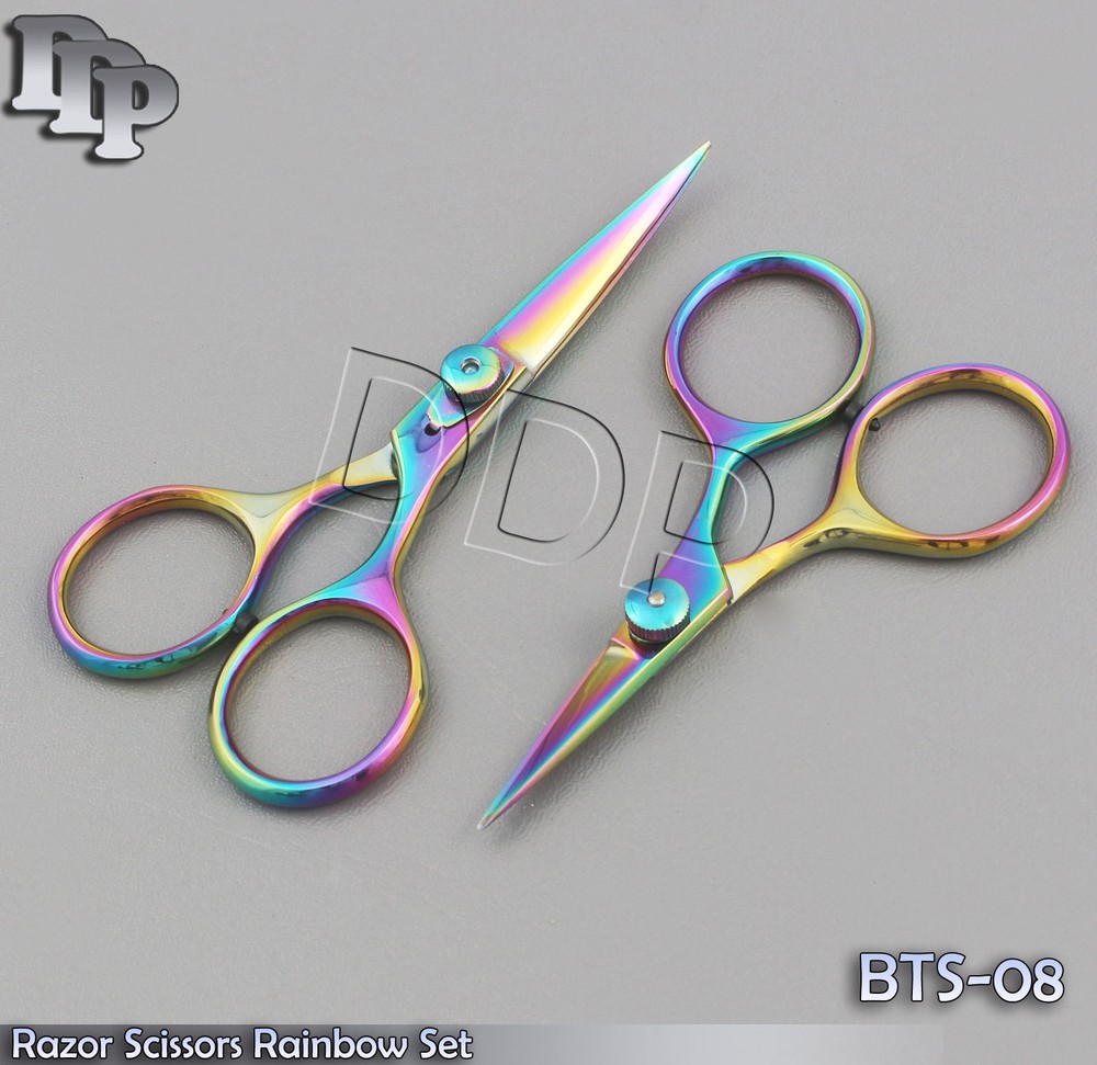 Razor scissors 4" & 5" set Rainbow plasma coating super sharp blades fly,BTS-08