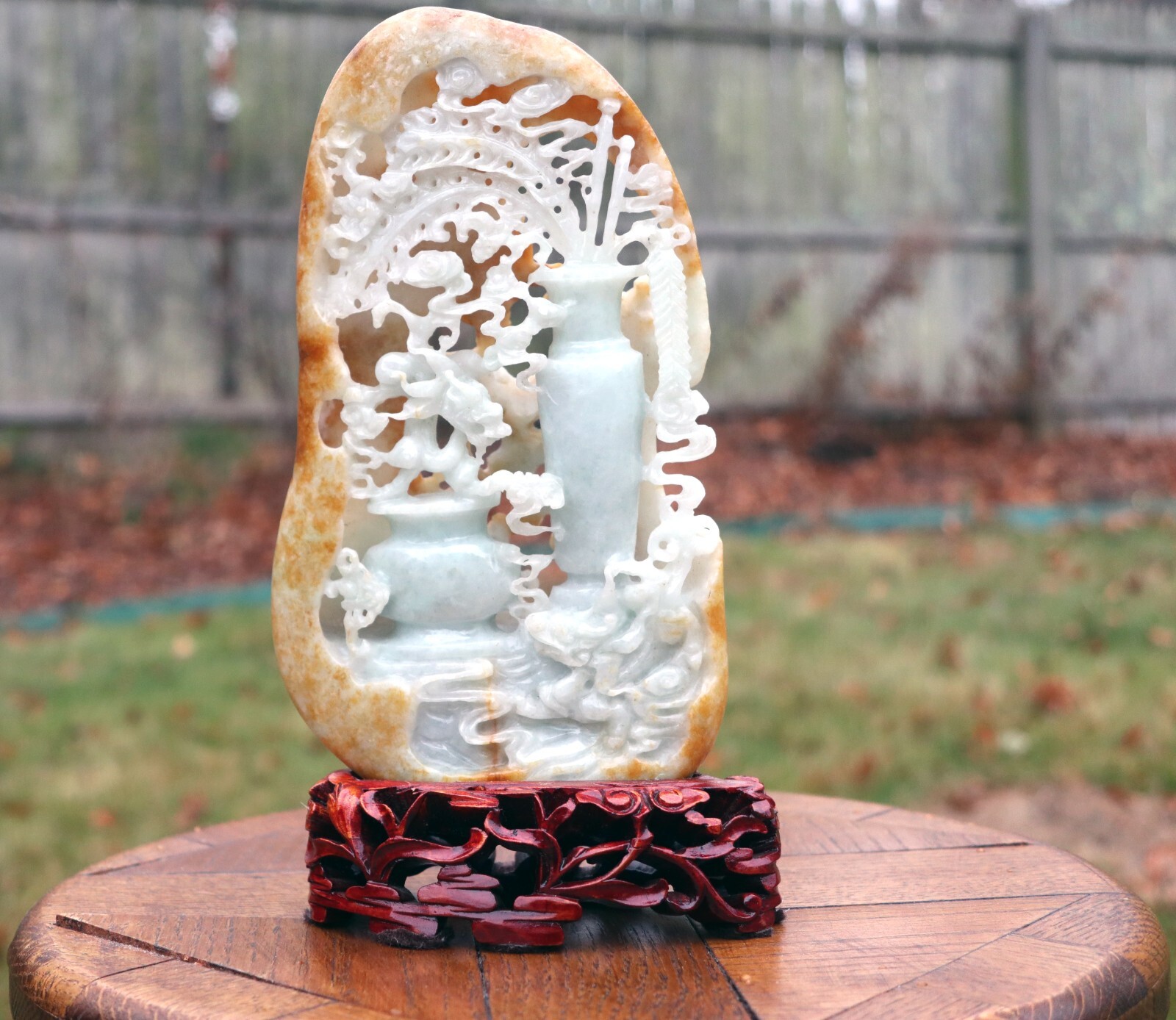 Jadeite Hand-Carved Boulder with Plants, Peacock Feathers & Vases Post-1950s
